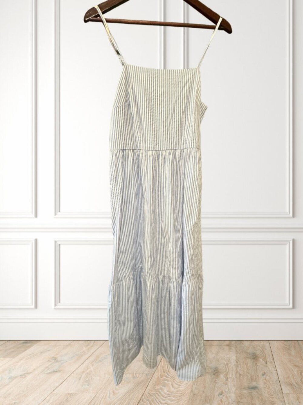 Blue White Striped Cotton Midi Dress L Cottage Coastal